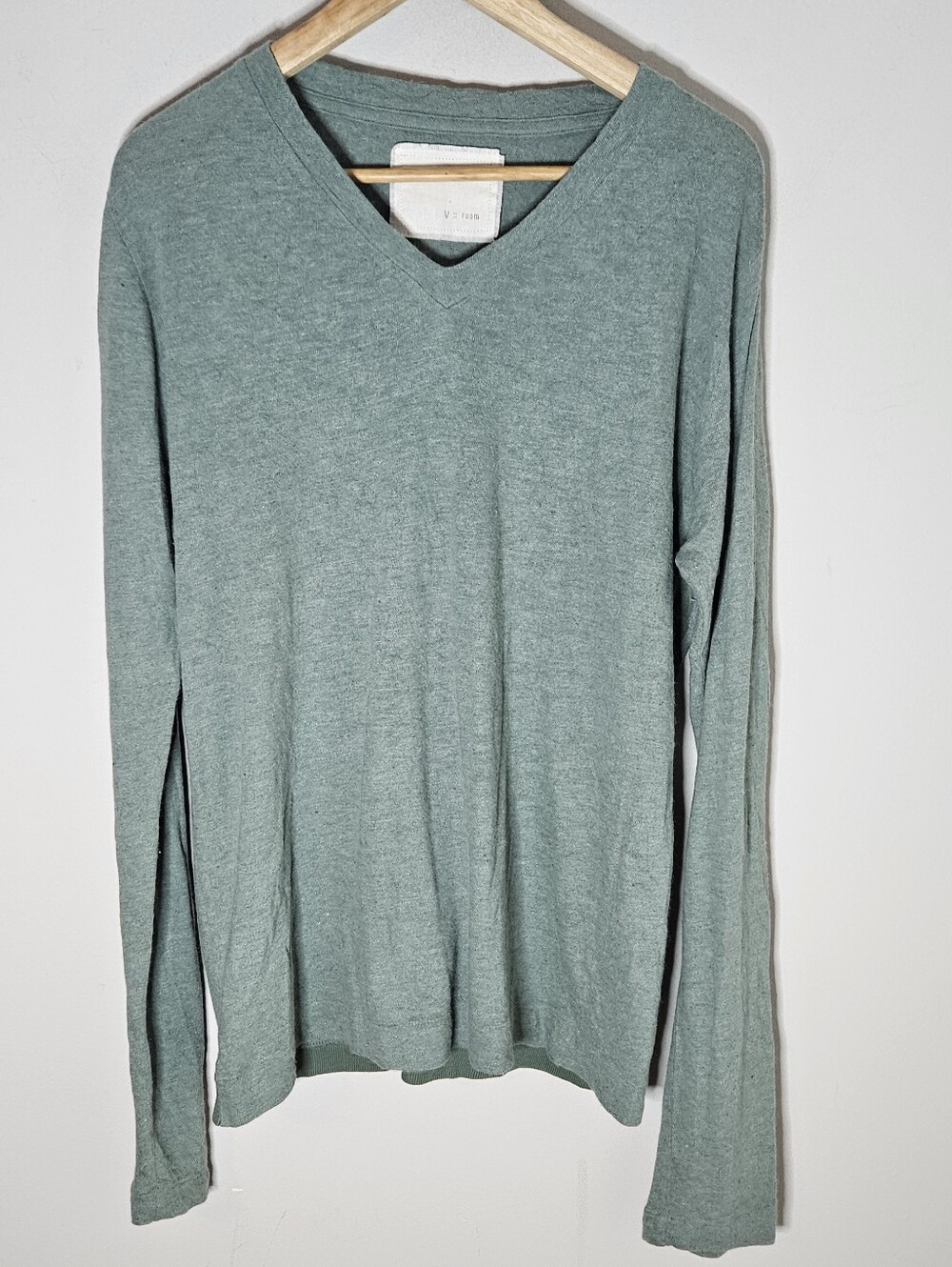 V::room V Neck Sweater Green Angora Cotton Silk Long Sleeve Hem Accent Men's XL